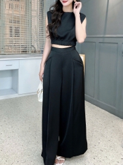 Set Bộ Trơn Nữ Áo Sát Cổ Tròn Nách Độn Vai Mix Quần Dáng Dài Đi Tiệc MIMIX - FL9