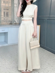 Set Bộ Trơn Nữ Áo Sát Cổ Tròn Nách Độn Vai Mix Quần Dáng Dài Đi Tiệc MIMIX - FL9