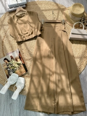 Set Bộ Trơn Nữ Áo Sát Cổ Tròn Nách Độn Vai Mix Quần Dáng Dài Đi Tiệc MIMIX - FL9