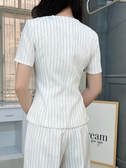 Set Bộ Vest Áo Cổ Tròn Phối Nút Kim Loại Cài Xéo Mix Quần Dài Chất Chéo Hàn Kẻ Sọc Công Sở MIMIX - FM2