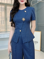 Set Bộ Vest Áo Cổ Tròn Phối Nút Kim Loại Cài Xéo Mix Quần Dài Chất Chéo Hàn Kẻ Sọc Công Sở MIMIX - FM2