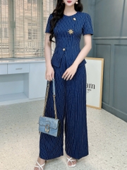 Set Bộ Vest Áo Cổ Tròn Phối Nút Kim Loại Cài Xéo Mix Quần Dài Chất Chéo Hàn Kẻ Sọc Công Sở MIMIX - FM2