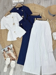 Set Bộ Vest Áo Cổ Tròn Phối Nút Kim Loại Cài Xéo Mix Quần Dài Chất Chéo Hàn Kẻ Sọc Công Sở MIMIX - FM2