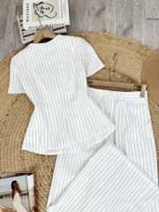 Set Bộ Vest Áo Cổ Tròn Phối Nút Kim Loại Cài Xéo Mix Quần Dài Chất Chéo Hàn Kẻ Sọc Công Sở MIMIX - FM2