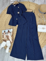 Set Bộ Vest Áo Cổ Tròn Phối Nút Kim Loại Cài Xéo Mix Quần Dài Chất Chéo Hàn Kẻ Sọc Công Sở MIMIX - FM2