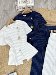 Set Bộ Vest Áo Cổ Tròn Phối Nút Kim Loại Cài Xéo Mix Quần Dài Chất Chéo Hàn Kẻ Sọc Công Sở MIMIX - FM2