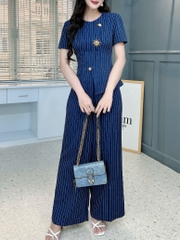 Set Bộ Vest Áo Cổ Tròn Phối Nút Kim Loại Cài Xéo Mix Quần Dài Chất Chéo Hàn Kẻ Sọc Công Sở MIMIX - FM2