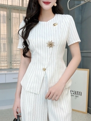 Set Bộ Vest Áo Cổ Tròn Phối Nút Kim Loại Cài Xéo Mix Quần Dài Chất Chéo Hàn Kẻ Sọc Công Sở MIMIX - FM2