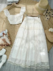 Set Bộ Nữ Áo Ren Mix Chân Váy Dáng Dài Xòe Chất Tơ Ép Hoa Phối Ren Đi Biển MIMIX - FM3