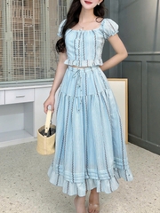 Set Bộ Nữ Áo Lai Bèo Sọc Hoa Mix Chân Váy Dáng Dài Xòe Chất Cotton Thêu MIMIX - FM4