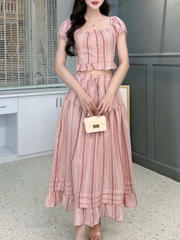 Set Bộ Nữ Áo Lai Bèo Sọc Hoa Mix Chân Váy Dáng Dài Xòe Chất Cotton Thêu MIMIX - FM4