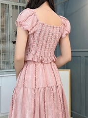 Set Bộ Nữ Áo Lai Bèo Sọc Hoa Mix Chân Váy Dáng Dài Xòe Chất Cotton Thêu MIMIX - FM4