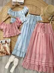 Set Bộ Nữ Áo Lai Bèo Sọc Hoa Mix Chân Váy Dáng Dài Xòe Chất Cotton Thêu MIMIX - FM4