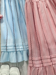 Set Bộ Nữ Áo Lai Bèo Sọc Hoa Mix Chân Váy Dáng Dài Xòe Chất Cotton Thêu MIMIX - FM4