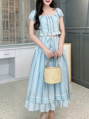 Set Bộ Nữ Áo Lai Bèo Sọc Hoa Mix Chân Váy Dáng Dài Xòe Chất Cotton Thêu MIMIX - FM4