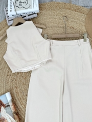 Set Bộ Nữ Áo Vest Sát Nách Lai Viền Ren Mix Quần Dáng Dài Chất Trượt Chéo Công Sở MIMIX - FM6