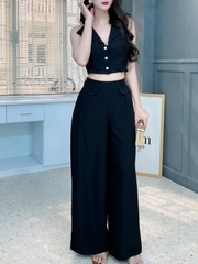 Set Bộ Nữ Áo Vest Sát Nách Lai Viền Ren Mix Quần Dáng Dài Chất Trượt Chéo Công Sở MIMIX - FM6