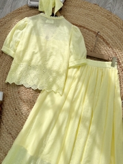 Set Váy Nữ Áo Nơ Mix Chân Váy Viền Ren Dọc Chất Boi Thêu Đi Du Lịch MIMIX - FM7