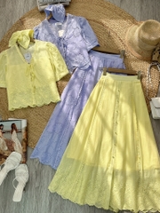 Set Váy Nữ Áo Nơ Mix Chân Váy Viền Ren Dọc Chất Boi Thêu Đi Du Lịch MIMIX - FM7