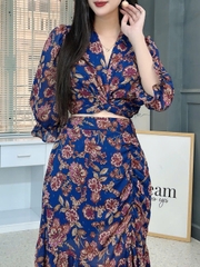 Set Áo Đắp Chéo Hoa Nữ Mix Chân Váy Rút Bên Chất Tơ IC Đi Tiệc MIMIX - FM9