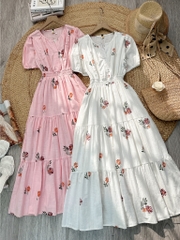 Đầm Maxi Nữ Cổ Tròn Bo Eo Chất Cotton Sước In Hoa Đi Biển MIMIX - FN0