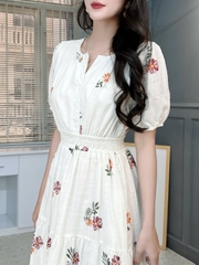 Đầm Maxi Nữ Cổ Tròn Bo Eo Chất Cotton Sước In Hoa Đi Biển MIMIX - FN0
