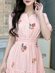 Đầm Maxi Nữ Cổ Tròn Bo Eo Chất Cotton Sước In Hoa Đi Biển MIMIX - FN0