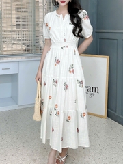 Đầm Maxi Nữ Cổ Tròn Bo Eo Chất Cotton Sước In Hoa Đi Biển MIMIX - FN0