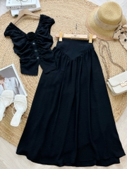 FQ5-Set Áo Cổ V Kèm Hoa Mix Chân Váy Dài MIMIX