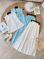 FH3 - Set Váy Nữ Áo Cổ Sen Phối Hoa 3D Mix Chân Váy Dáng Dài Xòe Chất Linen Tưng Cotton Đi Tiệc MIMIX