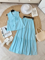 FH3 - Set Váy Nữ Áo Cổ Sen Phối Hoa 3D Mix Chân Váy Dáng Dài Xòe Chất Linen Tưng Cotton Đi Tiệc MIMIX