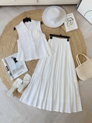 FH3 - Set Váy Nữ Áo Cổ Sen Phối Hoa 3D Mix Chân Váy Dáng Dài Xòe Chất Linen Tưng Cotton Đi Tiệc MIMIX