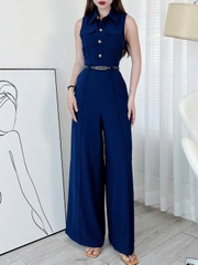 Jumpsuit Trơn Cổ Sơ Mi Phối Túi Hộp Khóa Kéo Lưng Chất Cotton Mền Đi Tiệc Đi Làm MIMIX - ER0