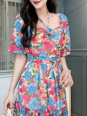 Đầm Maxi Hoa Eo Xếp Ly Tay Bí Dáng Dài Xòe Chất Voan Hàn Đi Biển Đi Tiệc MIMIX - FH4