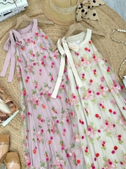 Váy Maxi Thêu Hoa Cổ Yếm Dáng Dài Xòe Chất Lưới Thêu Hoa Đi Biển MIMIX - EY1