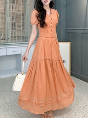 Set Váy Nữ Áo Cổ Tim Phối Nút Ngọc Mix Chân Váy Dáng Dài Xòe Đi Biển Chất Linen Sướt MIMIX - FI7