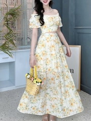 Set Bộ Áo Nhún Vai Bèo Và Chân Váy Xòe 4 Tầng Chất  Tơ Cotton In Hoa Đi Du Lịch MIMIX - FF7