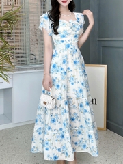 Set Bộ Áo Nhún Vai Bèo Và Chân Váy Xòe 4 Tầng Chất  Tơ Cotton In Hoa Đi Du Lịch MIMIX - FF7