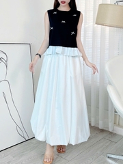 Set Váy Nữ Áo Sát Nách Đính Nơ Mix Chân Váy Bí Dáng Dài Xòe MIMIX Đi Biển - ER2