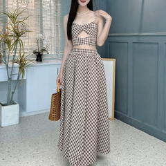 Set Váy Dài Mix Áo Hai Dây Cut - Out Tôn Dáng Vải Cotton Đi Cà Phê MIMIX FE3