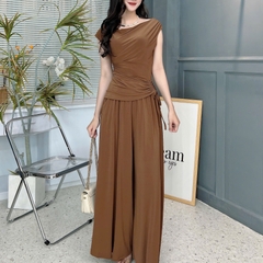 Set Bộ Trơn Áo Lệch Vai Phối Rút Eo Mix Quần Dáng Dài Chất Thun Rayon Đi Dạo Phố MIMIX - FE9