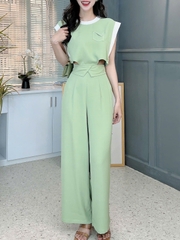 Set Bộ Trơn Áo Sát Nách Viền Trắng Mix Quần Dáng Dài Chất Lụa Trượt Chéo Đi Làm MIMIX - FC4