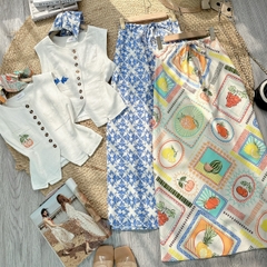 Set Bộ Thêu Áo Gile Mix Chân Váy Họa Tiết Chất Linen Đi Biển MIMIX - FE5