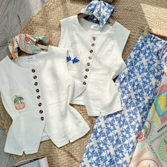 Set Bộ Thêu Áo Gile Mix Chân Váy Họa Tiết Chất Linen Đi Biển MIMIX - FE5