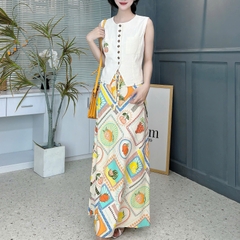 Set Bộ Thêu Áo Gile Mix Chân Váy Họa Tiết Chất Linen Đi Biển MIMIX - FE5