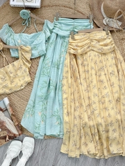 Set Váy Nữ Áo Croptop Tay Tiên Mix Chân Váy Nhún Eo Chất Tơ gân Đi Dạo Phố MIMIX - FF2