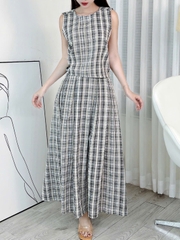 Set Váy Nữ Áo Caro Phối Khăn Choàng Cổ Mix Chân Váy Xếp Ly Dáng Dài Đi Du Lịch MIMIX - ES3