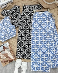 Set Váy Họa Tiết Nữ Áo Sát Nách Bo Eo Mix Chân Váy Đắp Vạt Chất Linen Đi Dạo Phố MIMIX - FF0