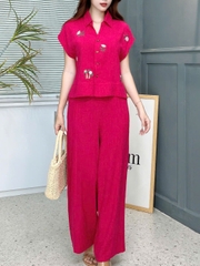 Set Áo Tay Ngắn Cổ Sơ Mi Thêu Hoa Mix Quần Dài Chất Linen Bamboo Thêu Đi Dạo Phố MIMIX - EW7