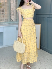 Set Váy Nữ Áo Croptop Tay Tiên Mix Chân Váy Nhún Eo Chất Tơ gân Đi Dạo Phố MIMIX - FF2